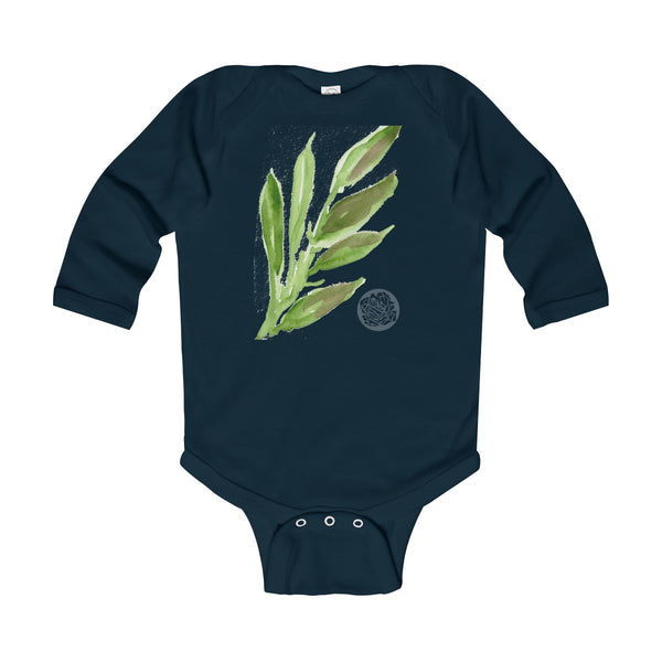 Green Leaves Infant Long Sleeve Bodysuit - Made in United Kingdom (UK Size: 6M-24M)-Kids clothes-Navy-12M-Heidi Kimura Art LLC