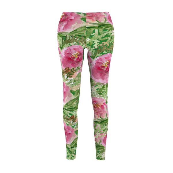 Evergreen Garden Pink Rose Floral Print Women's Tights Leggings - Made in USA-Casual Leggings-M-Heidi Kimura Art LLC