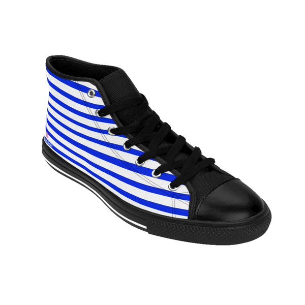 Blue Striped Men's High-top Sneakers, Blue White Modern Stripes Men's High&nbsp;Tops,&nbsp;High Top Striped Sneakers, Striped Casual&nbsp;Men's High Top For Sale,&nbsp;Fashionable Designer Men's Fashion High Top Sneakers, Tennis Running Shoes (US Size: 6-14)