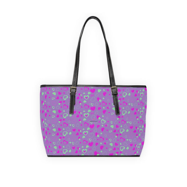 Purple Pink Hearts Tote Bag, PU Leather Shoulder Hand Work Bag