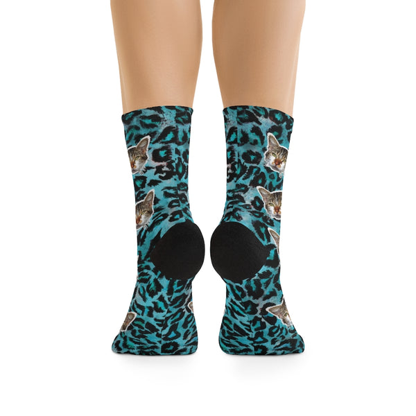 Blue Leopard Cat Print Socks, Cute One-Size Knit Premium Socks For Cat Lovers- Made in USA-Socks-One size-Heidi Kimura Art LLC