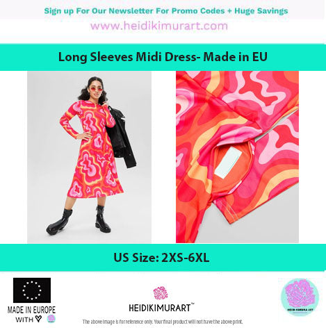 Pink Sunflower Floral Dress, Long Sleeve Midi Dress For Women - Made in EU (US Size: 2XS-6XL)