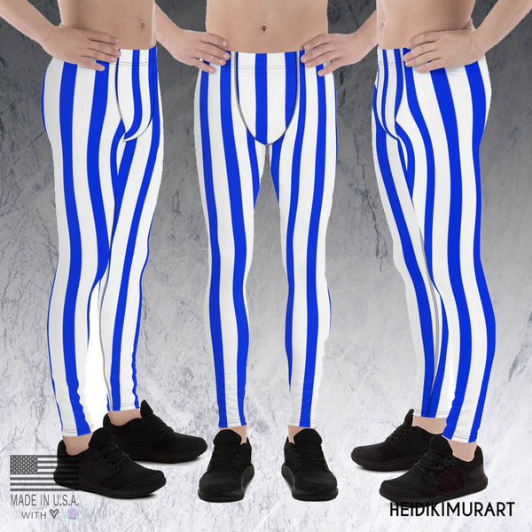 Blue Striped Meggings, Blue Stripes Men's Running Leggings & Run Tights Meggings Activewear, Compression Pants, Circus Festival Leggings, Costume Circus Festival Leggings- Made in USA/ Europe/ MX (US Size: XS-3XL)