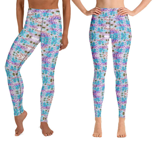 Blue Floral Yoga Leggings, Feminine Girlie Flower Print Women's Active Wear Fitted Leggings, Girlie Cute Flower Printed Colorful Sports Long Yoga & Barre Pants For Ladies - Made in USA/EU/MX (US Size: XS-6XL)