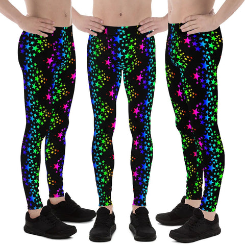Black Rainbow Meggings, Black Bright Rainbow Star Pattern Print Sexy Men's Leggings 38-40 UPF Tights Workout Pants- Made in USA/EU (US Size: XS-3XL) Mens' Fetish Pants, Compression Tights, Men's Costume Leggings, Star Meggings