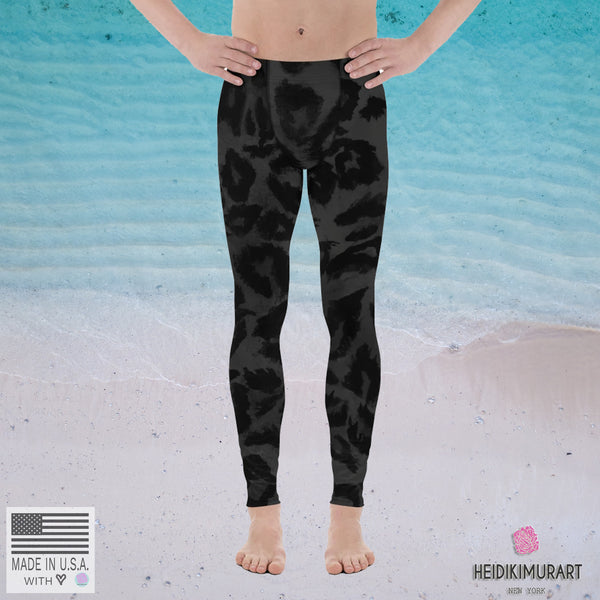 Grey Leopard Print Men's Leggings, Long Compression Yoga Pants Tights- Made in USA/EU-Men's Leggings-Heidi Kimura Art LLC