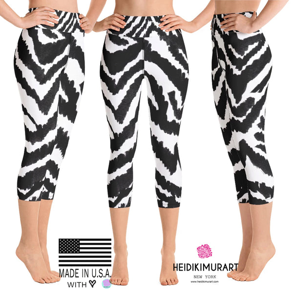 White Black Zebra Stripe Animal Print Women's Yoga Capri Leggings- Made in USA (XS-XL)-Capri Yoga Pants-Heidi Kimura Art LLCZebra Striped Women's Capri Leggings, White Black Zebra Stripe Animal Print Women's Yoga Capri Leggings Pants- Made in USA/EU (US Size: XS-XL)