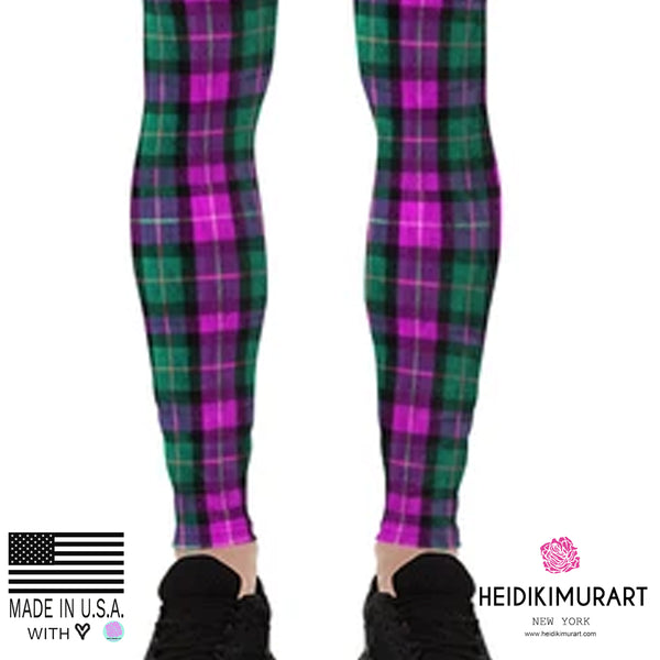 Pink Green Tartan Plaid Meggings, Men's Running Leggings Run Tights-Made in USA/EU-Men's Leggings-Heidi Kimura Art LLC