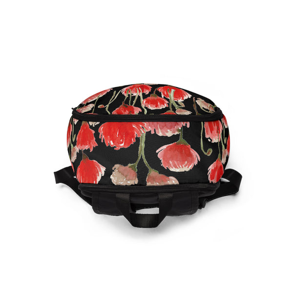 Black Red Poppy Floral Backpack, Flower Print Designer Women's Best School Laptop Bag-Backpack-One Size-Heidi Kimura Art LLC