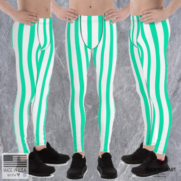 Turquoise Blue Striped Meggings, Turquoise Blue Stripes Men's Running Circus Leggings & Run Tights Meggings Activewear- Made in USA/ Europe (US Size: XS-3XL)