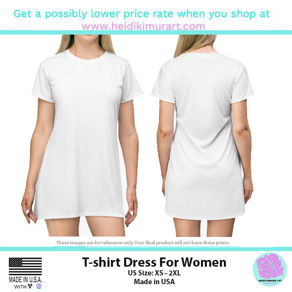 Light Blue Plaid T-Shirt Dress, Best Tartan Print Designer Crew Neck Long T-Shirt Dress-Made in USA