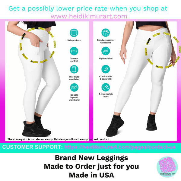 White Black Chevron Leggings, Best Designer Printed Crossover Leggings With 2 Side Pockets