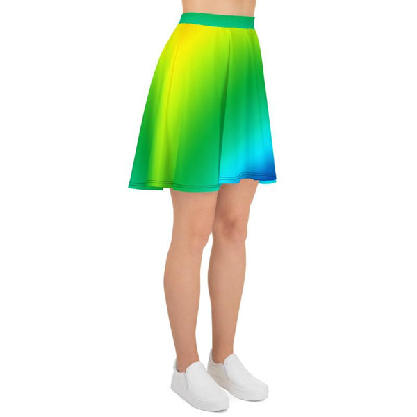 Blue Green Rainbow Ombre Print Women's Mid-Thigh Soft Skater Skirt- Made in USA/EU-Skater Skirt-Heidi Kimura Art LLC