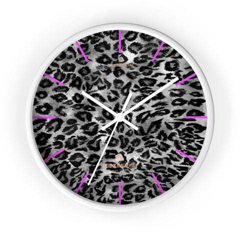 Gray Leopard Print Wall Clock, Animal Print 10 in. Dia. Indoor Wall Clock- Made in USA-Wall Clock-10 in-White-White-Heidi Kimura Art LLC