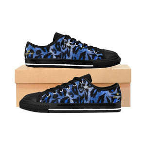 Blue Leopard Animal Print Premium Men's Low Top Canvas Sneakers Running Shoes-Men's Low Top Sneakers-Black-US 9-Heidi Kimura Art LLC