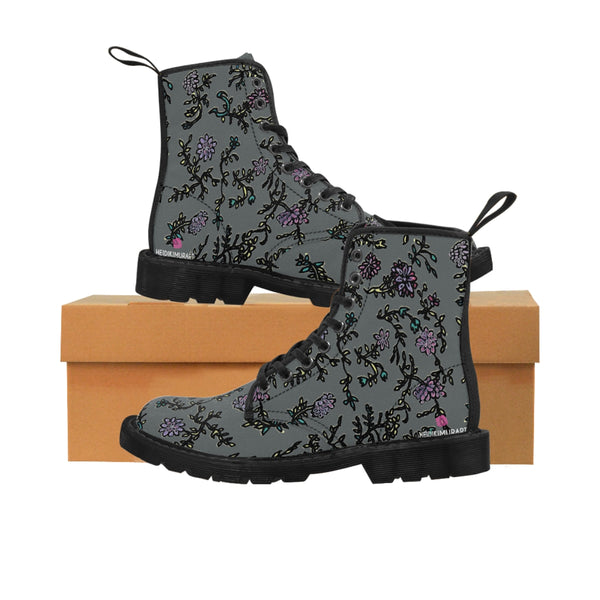 Grey Floral Print Women's Boots, Purple Floral Women's Boots, Flower Print Elegant Feminine Casual Fashion Gifts, Flower Rose Print Shoes For Flower Lovers, Combat Boots, Designer Women's Winter Lace-up Toe Cap Hiking Boots Shoes For Women (US Size 6.5-11) Black Floral Boots, Floral Boots Womens, Vintage Style Floral Boots 