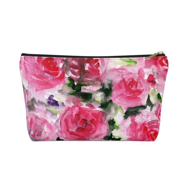 Rose Floral Print Accessory Pouch with T-bottom Makeup Bag - Made in USA-Accessory Pouch-Black-Large-Heidi Kimura Art LLC