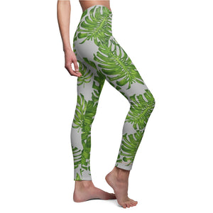 Light Gray Green Tropical Leaf Print Women's Dressy Long Casual Leggings- Made in USA-Casual Leggings-White Seams-M-Heidi Kimura Art LLC