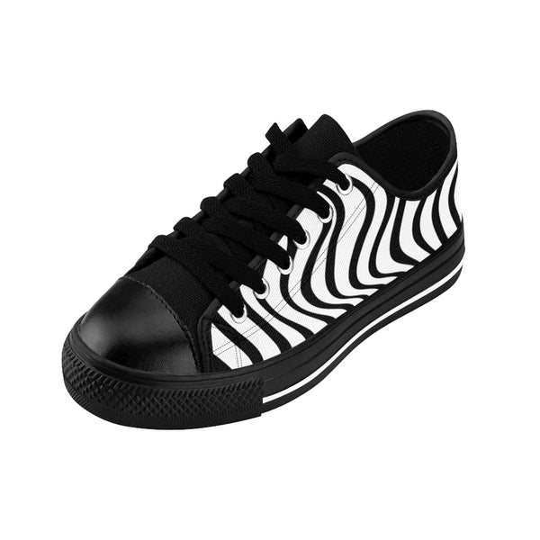 Black White Waves Women's Sneakers, Wavy Abstract Best Tennis Casual Shoes For Women (US Size: 6-12)