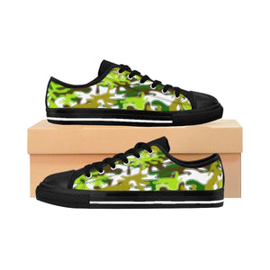 White Green Camouflage Military Print Premium Men's Low Top Canvas Sneakers Shoes-Men's Low Top Sneakers-Black-US 9-Heidi Kimura Art LLC