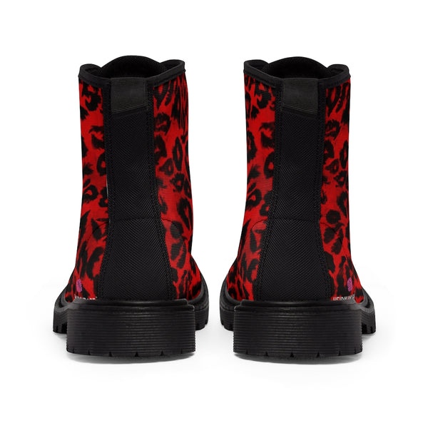 Red Leopard Women's Canvas Boots, Best Red Leopard Animal Print Winter Boots For Ladies