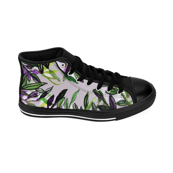 Light Gray Green Tropical Leaf Print Designer Men's High-top Sneakers Tennis Shoes-Men's High Top Sneakers-Black-US 9-Heidi Kimura Art LLC