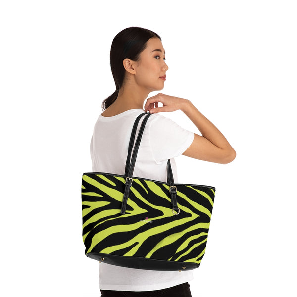 Yellow Zebra Tote Bag, Zebra Striped Yellow and Black Animal Print PU Leather Shoulder Large Spacious Durable Hand Work Bag 17"x11"/ 16"x10" With Gold-Color Zippers & Buckles & Mobile Phone Slots & Inner Pockets, All Day Large Tote Luxury Best Sleek and Sophisticated Cute Work Shoulder Bag For Women With Outside And Inner Zippers