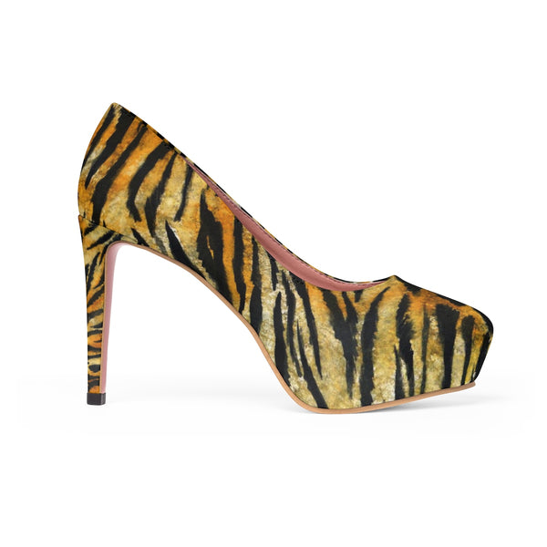 Orange Bengal Tiger Striped Animal Skin Pattern Designer Women's 4" Platform Heels-4 inch Heels-Heidi Kimura Art LLC