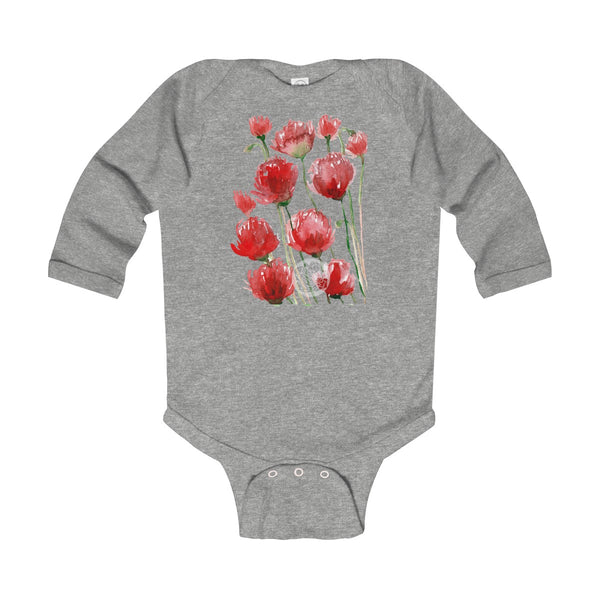 Floral Red Poppy Flower Print Infant Long Sleeve Bodysuit - Made in UK(UK Size: 6M-24M)-Kids clothes-Heather-12M-Heidi Kimura Art LLC