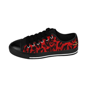 Bright Red Leopard Animal Print Premium Men's Low Top Canvas Sneakers Tennis Shoes-Men's Low Top Sneakers-Black-US 9-Heidi Kimura Art LLC