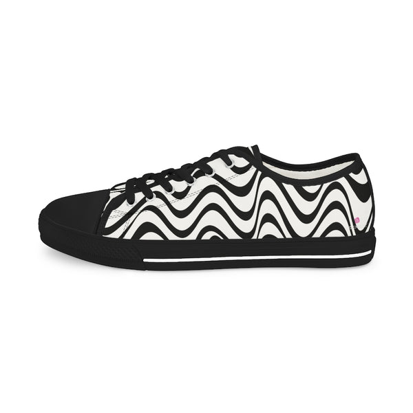 Black White Wavy Men's Sneakers, Best Men's Designer Wavy Printed Best Breathable Designer Men's Low Top Canvas Fashion Sneakers With Durable Rubber Outsoles and Shock-Absorbing Layer and Memory Foam Insoles (US Size: 5-14)