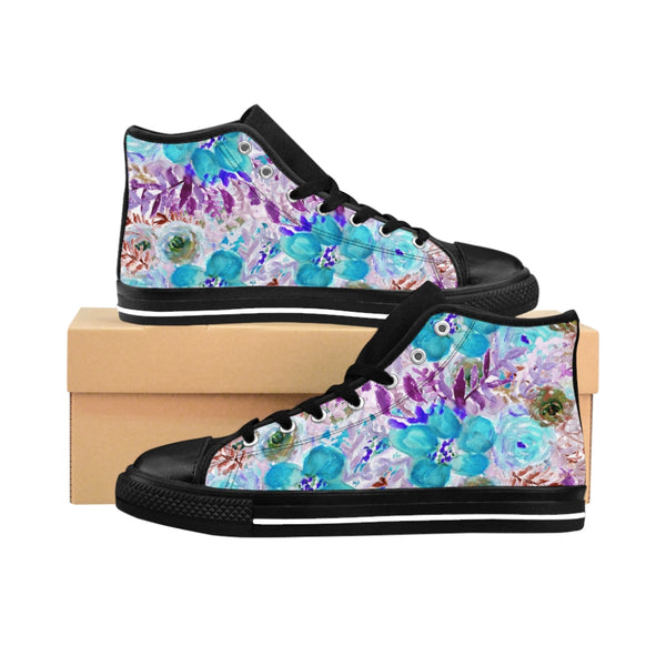 Blue Floral Women's Sneakers, Flower Print Designer High-top Sneakers Tennis Shoes-Shoes-Printify-Heidi Kimura Art LLC