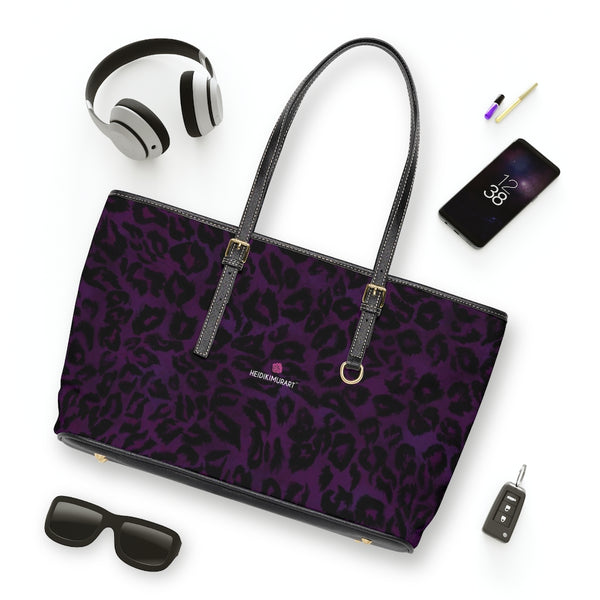 Purple Leopard Print Tote Bag, Best Stylish Dark Purple Leopard Animal Printed PU Leather Shoulder Large Spacious Durable Hand Work Bag 17"x11"/ 16"x10" With Gold-Color Zippers & Buckles & Mobile Phone Slots & Inner Pockets, All Day Large Tote Luxury Best Sleek and Sophisticated Cute Work Shoulder Bag For Women With Outside And Inner Zippers