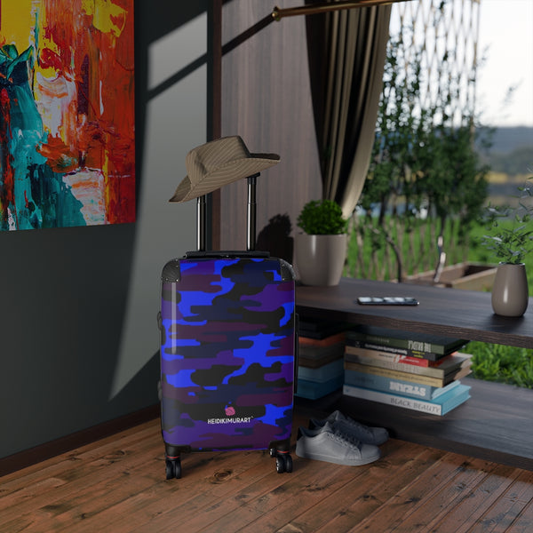 Blue Purple Camo Cabin Suitcase, Camouflaged Army Military Print Carry On Polycarbonate Front and Hard-Shell Durable Small 1-Size Carry-on Luggage With 2 Inner Pockets & Built in Lock With 4 Wheel 360° Swivel and Adjustable Telescopic Handle - Made in USA/UK (Size: 13.3" x 22.4" x 9.05", Weight: 7.5 lb) Unique Cute Carry-On Best Personal Travel Bag Custom Luggage - Gift For Him or Her 