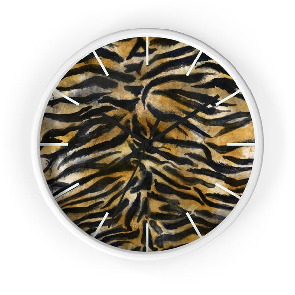 Brown Tiger Stripe Wall Clock, Modern Chic Animal Print 10" Dia. Wall Clock- Made in USA-Wall Clock-White-Black-Heidi Kimura Art LLC