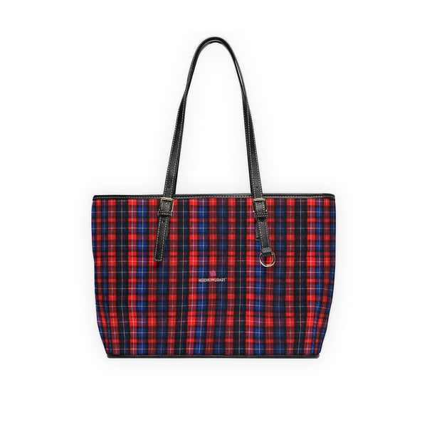 Red Plaid Print Tote Bag, PU Leather Shoulder Hand Work Bag