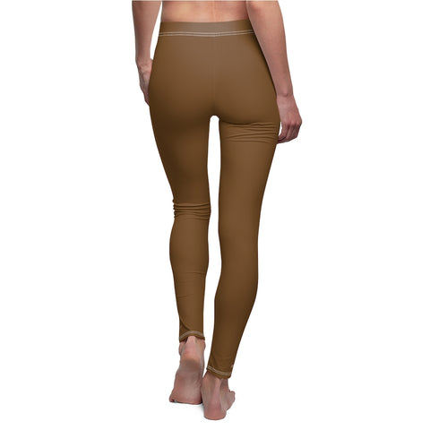 Brown Solid Color Print Women's Dressy Long Best Casual Leggings Tights-Made in USA-Casual Leggings-White Seams-M-Heidi Kimura Art LLC