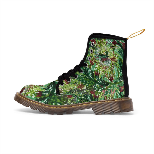 Black Green Floral Women's Boots, Flower Stylish Rose Hiking Combat Boots For Women