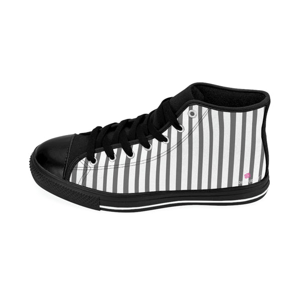 Grey Striped Men's High-top Sneakers, Grey White Modern Stripes Men's High Tops, High Top Striped Sneakers, Striped Casual Men's High Top For Sale, Fashionable Designer Men's Fashion High Top Sneakers, Tennis Running Shoes (US Size: 6-14)