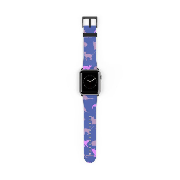 Purple Pink Cats Print 38mm/42mm Premium Watch Band For Apple Watch- Made in USA-Watch Band-38 mm-Black Matte-Heidi Kimura Art LLC