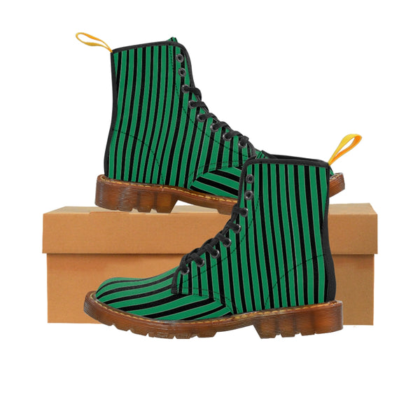 Green Striped Print Men's Boots, Black Stripes Best Hiking Winter Boots Laced Up Designer Shoes For Men-Shoes-Printify-Brown-US 8-Heidi Kimura Art LLC