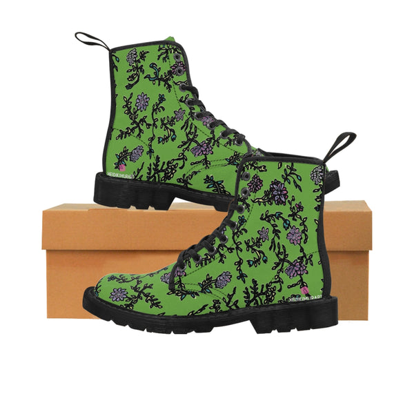 Green Floral Print Women's Boots, Purple Floral Women's Boots, Flower Print Elegant Feminine Casual Fashion Gifts, Flower Rose Print Shoes For Flower Lovers, Combat Boots, Designer Women's Winter Lace-up Toe Cap Hiking Boots Shoes For Women (US Size 6.5-11) Green Floral Boots, Floral Boots Womens, Vintage Style Floral Boots 