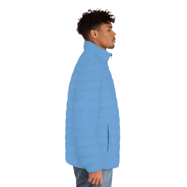 Pastel Blue Color Men's Jacket, Solid Blue Color Best Casual Men's Winter Jacket, Best Modern Minimalist Classic Solid  Color Regular Fit Polyester Men's Puffer Jacket With Stand Up Collar (US Size: S-2XL)
