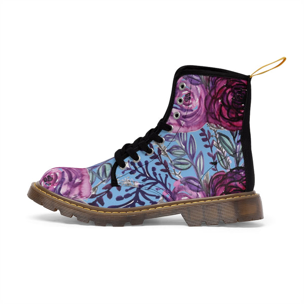 Blue Purple Floral Women's Boots, Vintage Style Designer Flower Print Hiking Boots For Ladies