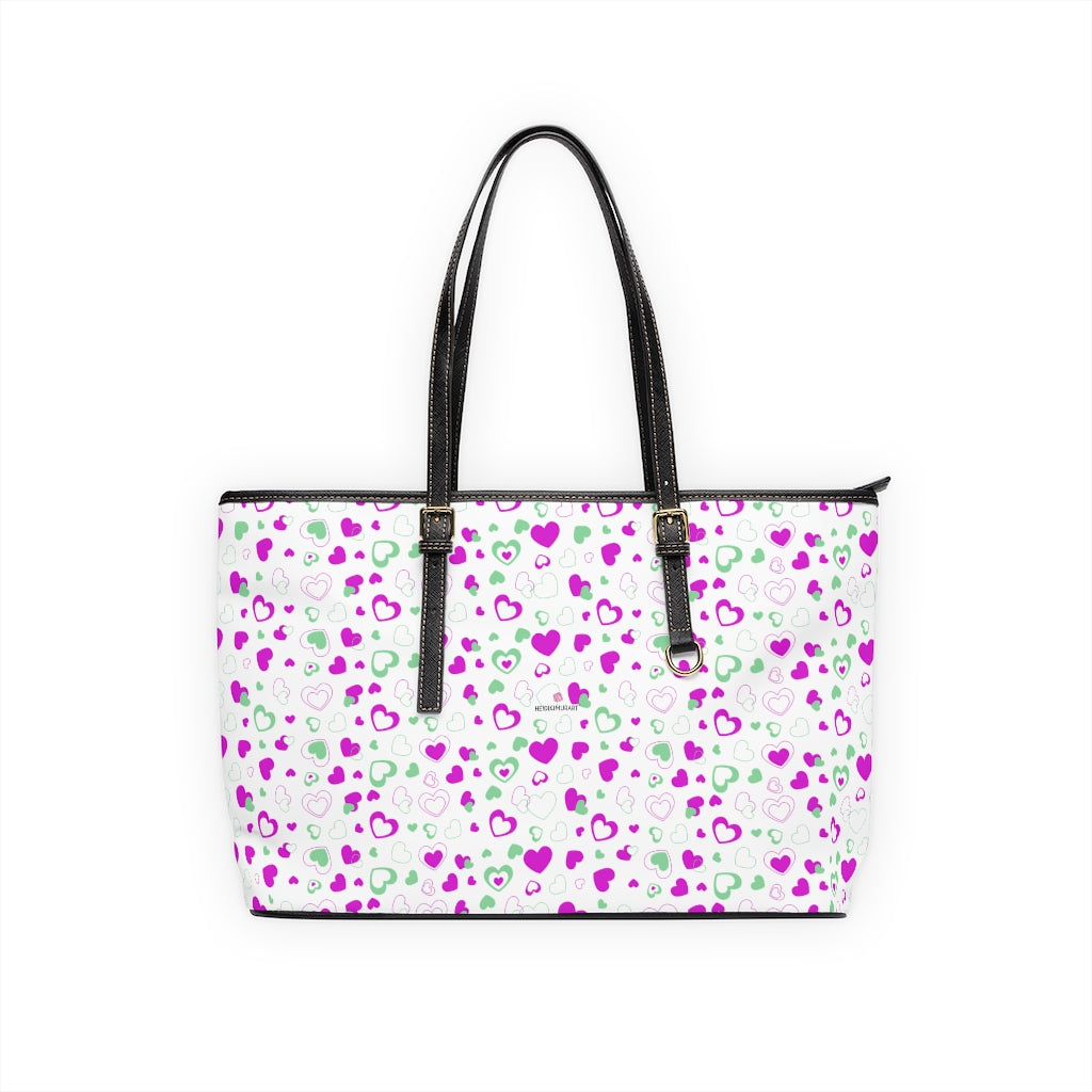 Pink Hearts Print Tote Bag, PU Leather Shoulder Hand Work Bag