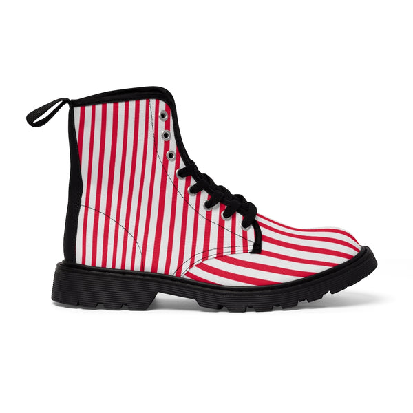 Red Striped Print Men's Boots, White Red Stripes Best Hiking Winter Boots Laced Up Shoes For Men-Shoes-Printify-Heidi Kimura Art LLC Red Striped Print Men's Boots, Red White Stripes Men's Canvas Hiking Winter Boots, Fashionable Modern Minimalist Best Anti Heat + Moisture Designer Comfortable Stylish Men's Winter Hiking Boots Shoes For Men (US Size: 7-10.5)