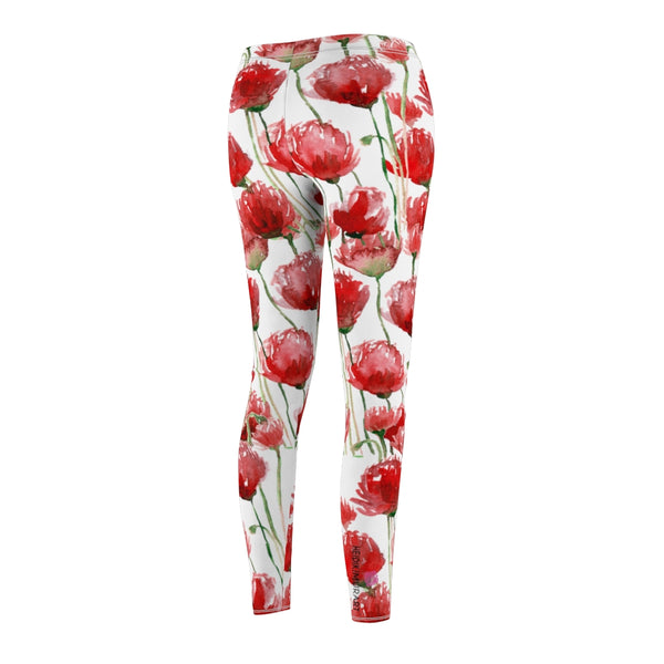 Red Poppy Floral Casual Tights, Women's Floral Casual Leggings