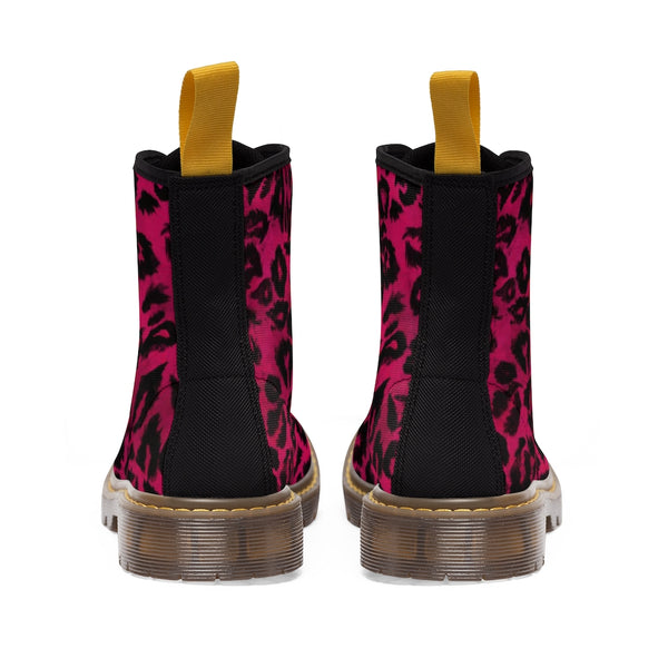 Pink Leopard Print Men Hiker Boots, Designer Men's Canvas Laced Up Hunting Water Resistant Boots