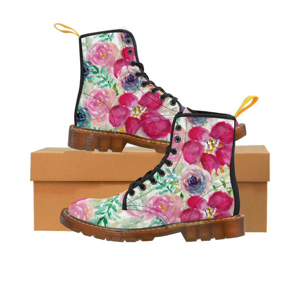Mixed Floral Print Women's Boots, Rose Ladies' Best Flower Printed Elegant Feminine Casual Fashion Gifts, Flower Rose Print Shoe, Combat Boots, Designer Women's Winter Lace-up Toe Cap Hiking Boots Shoes For Women (US Size 6.5-11)