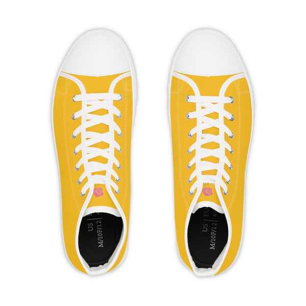 Bright Yellow Men's High Tops, Modern Minimalist Solid Yellow Color Best Men's High Top Laced Up Black or White Style Breathable Fashion Canvas Sneakers Tennis Athletic Style Shoes For Men (US Size: 5-14)